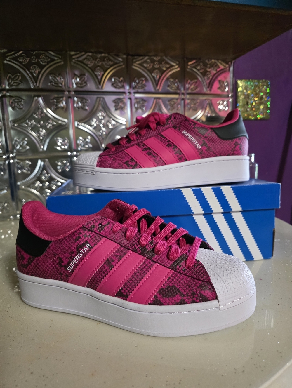 adidas Women's Superstar Bold W Pink and White Sneakers
